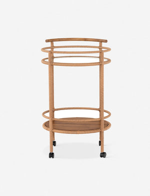 Front view of the Annika round teak rolling outdoor bar cart.