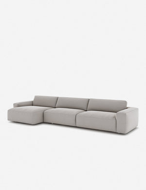 Angled view of the Mackenzie ash gray linen left-facing sectional sofa