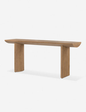 Angled view of the Remwald sculptural oak wood console table.