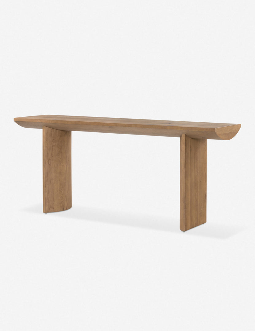 #color::natural | Angled view of the Remwald sculptural oak wood console table.