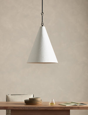 Ashwin sleek cone pendant light hanging above a dining table.