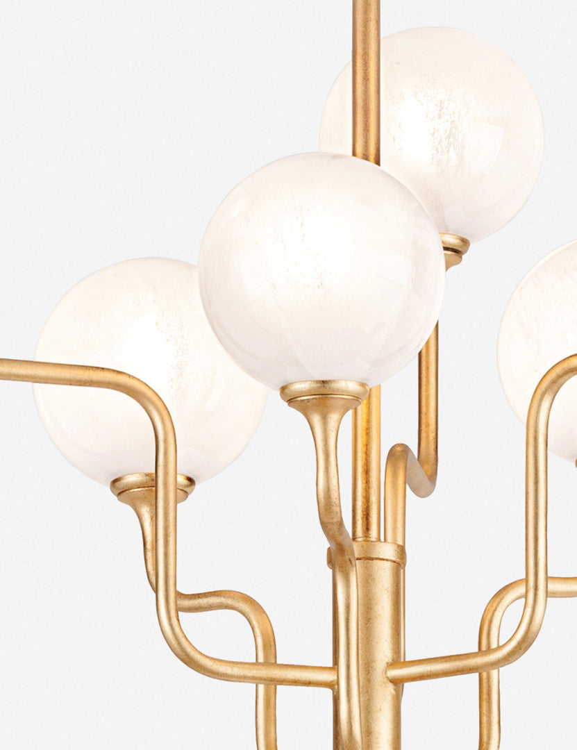 #color::brass #size::6-light | Close-up of the frosted orb lights and gold leaf finish on the Keller 6 light chandelier 