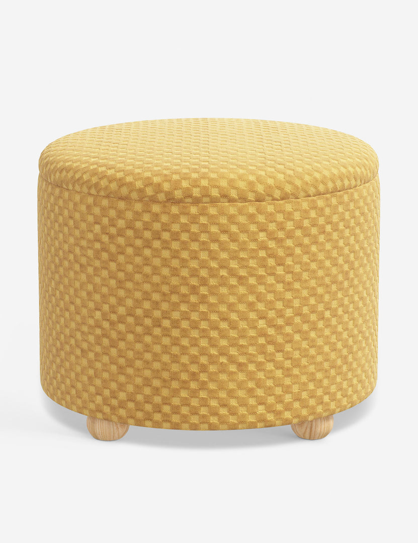 #color::hi-lo-checker-goldenrod-by-sarah-sherman-samuel #size::24-Dia | Angled view of the Kamila Hi-Lo Checker Goldenrod 24-inch ottoman