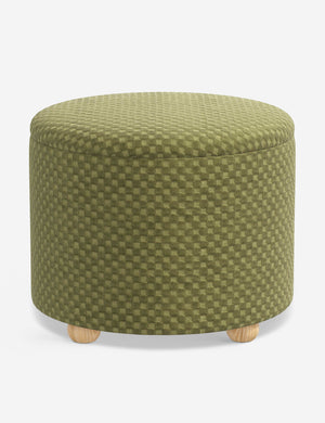 Angled view of the Kamila Hi-Lo Checker Olive 24-inch ottoman