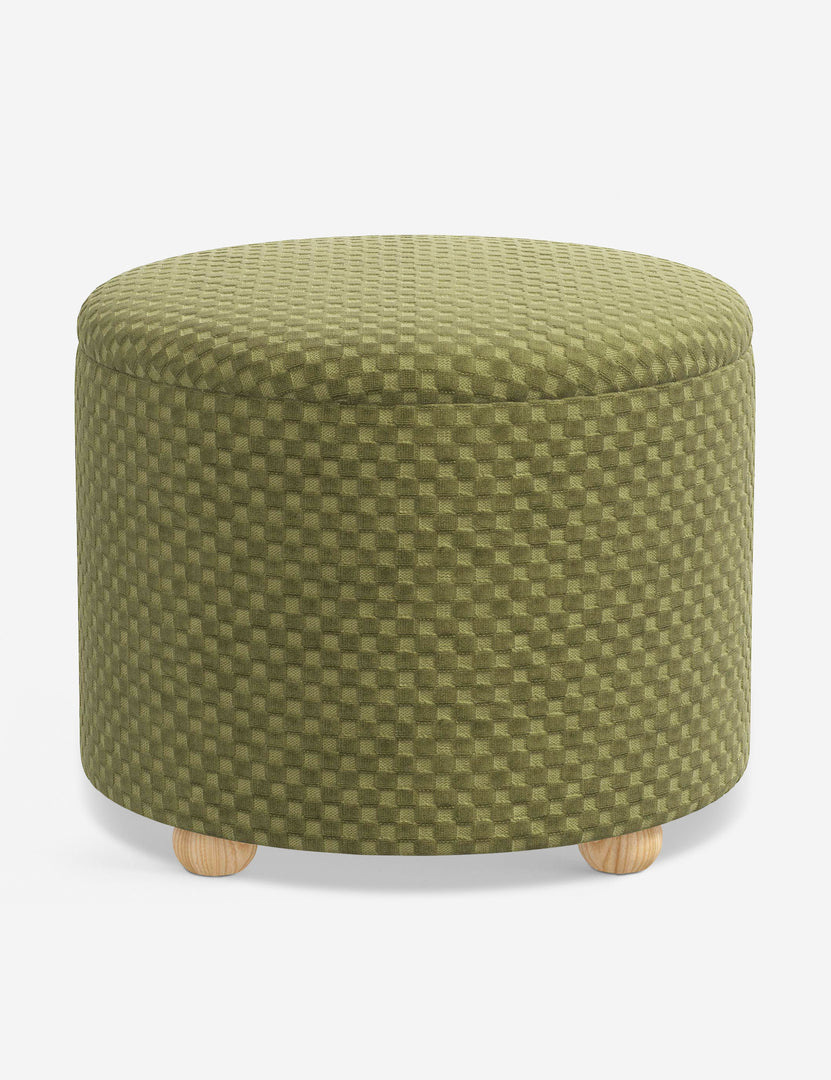 #color::hi-lo-checker-olive-by-sarah-sherman-samuel #size::24-Dia | Angled view of the Kamila Hi-Lo Checker Olive 24-inch ottoman