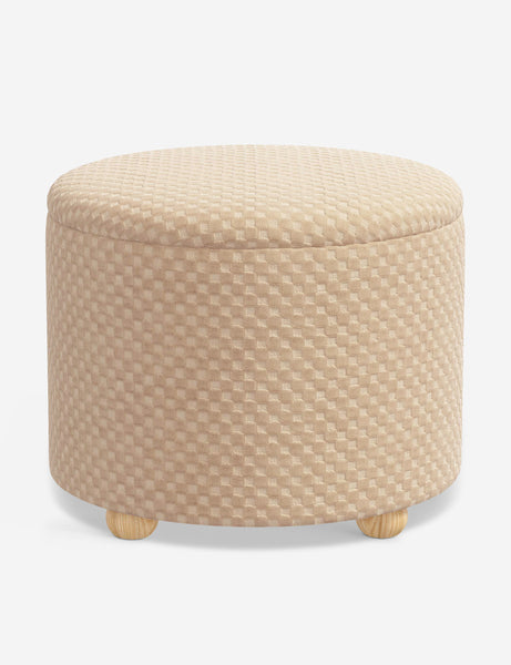 #color::hi-lo-checker-natural-by-sarah-sherman-samuel #size::24-Dia | Angled view of the Kamila Hi-Lo Checker Natural 24-inch ottoman