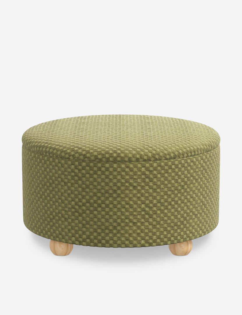 #color::hi-lo-checker-olive-by-sarah-sherman-samuel #size::34-dia | Angled view of the Kamila Hi-Lo Checker Olive 34-inch ottoman