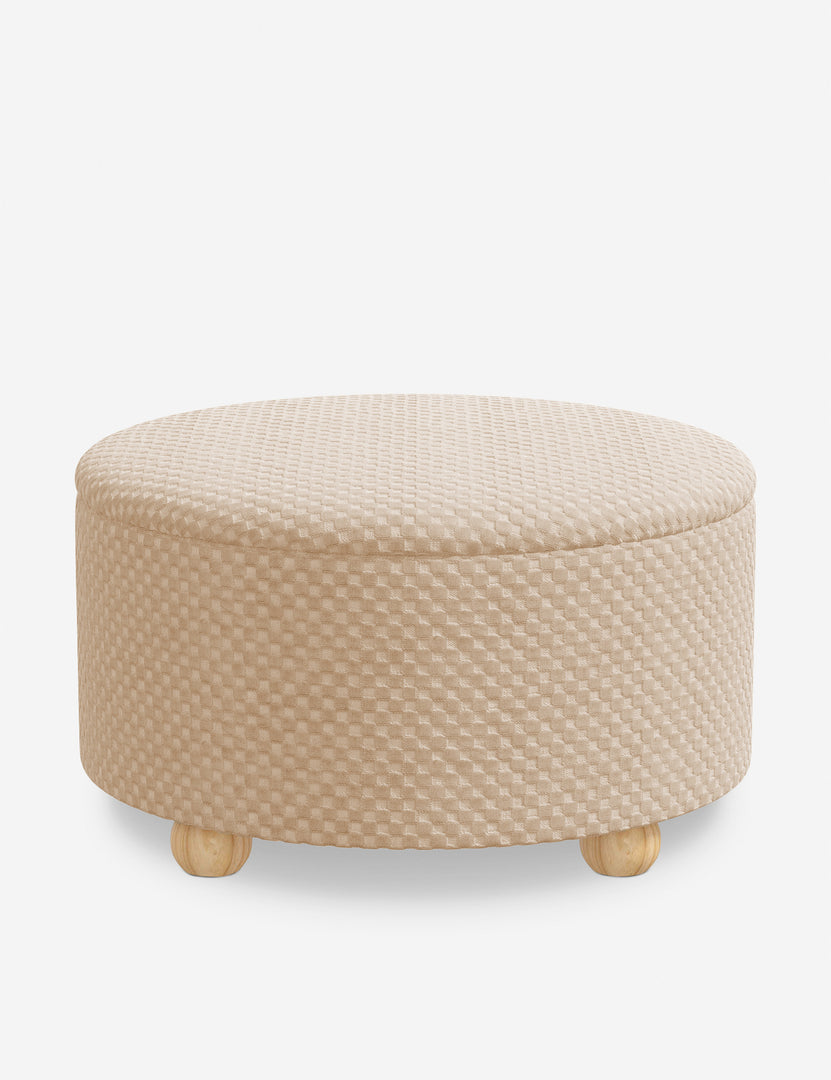 #color::hi-lo-checker-natural-by-sarah-sherman-samuel #size::34-dia | Angled view of the Kamila Hi-Lo Checker Natural 34-inch ottoman