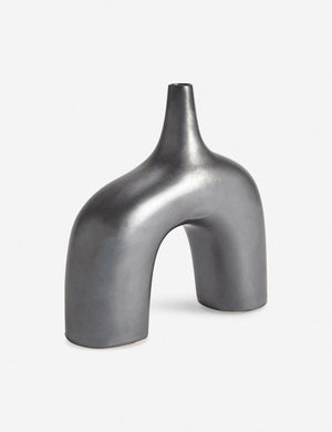 Angled view of the Leonor sculptural arched shiny black ceramic Vase in its larger size