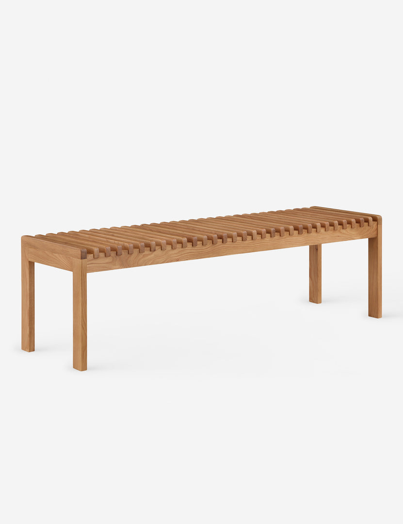 #color::natural-oak | Angled view of the Olson mid-century slatted wood bench in natural oak.