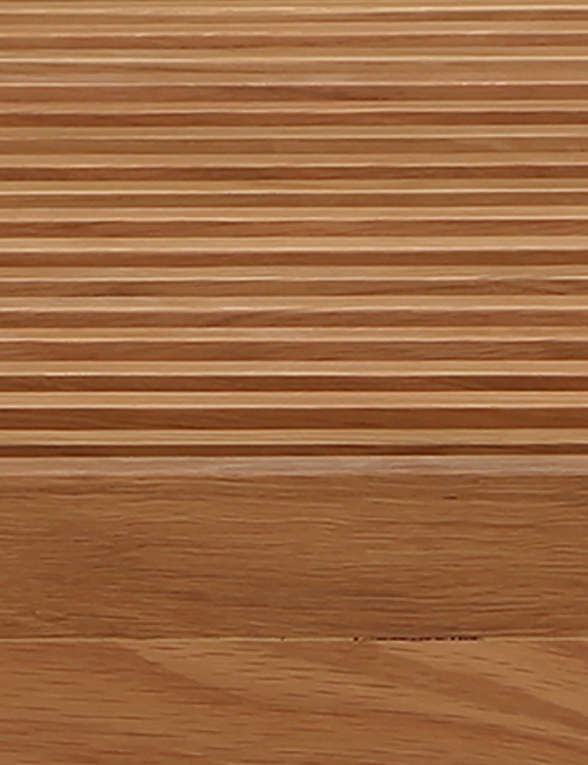 #color::natural-oak | Close up of the Olson mid-century slatted wood bench in natural oak.