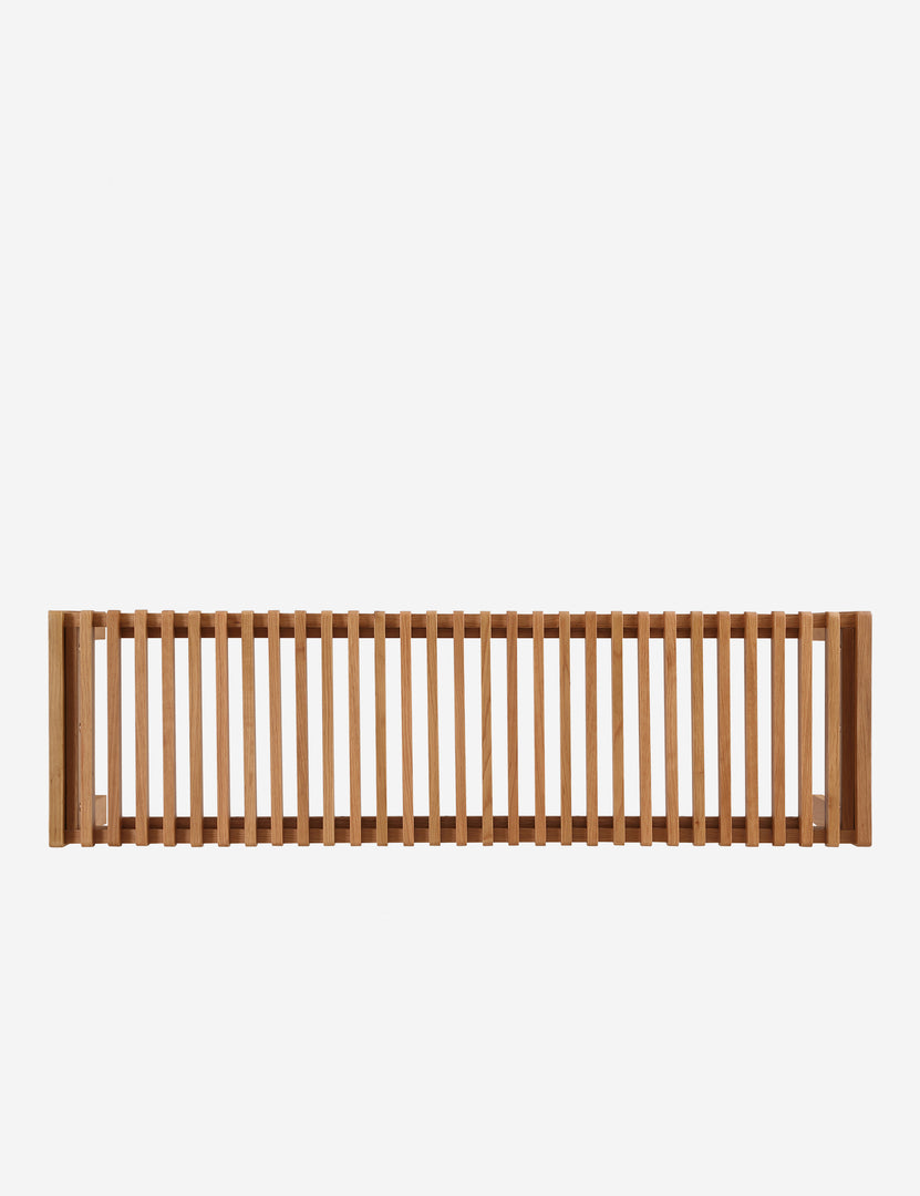 #color::natural-oak | Overhead view of the Olson mid-century slatted wood bench in natural oak.