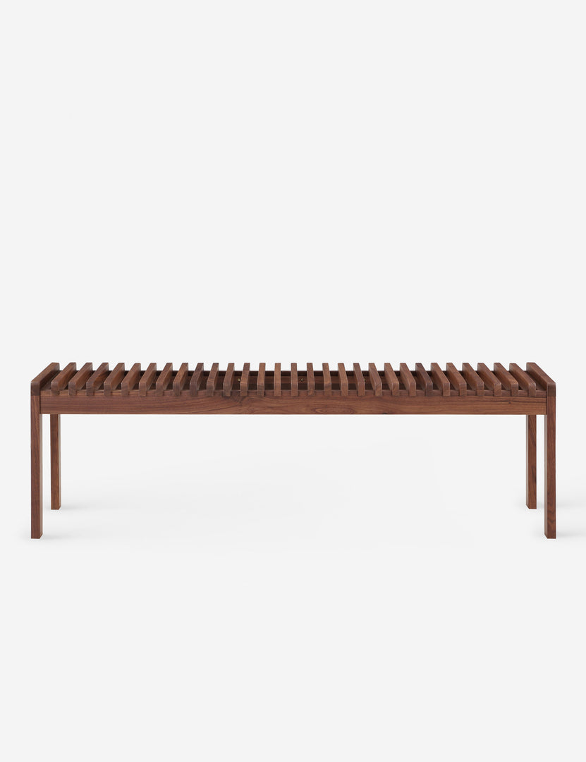 #color::walnut | Olson mid-century slatted wood bench in walnut.