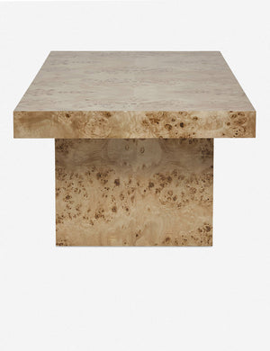 Side view of the Brisa rectangular burl wood coffee table with four legs