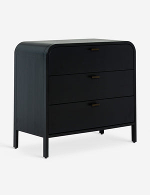 Angled view of the Brooke 3-drawer black oak dresser