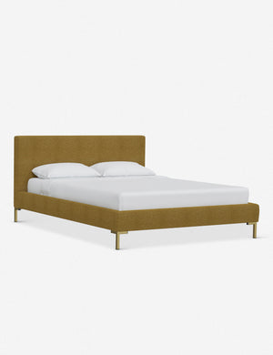 Angled view of the Deva Ochre Boucle platform bed