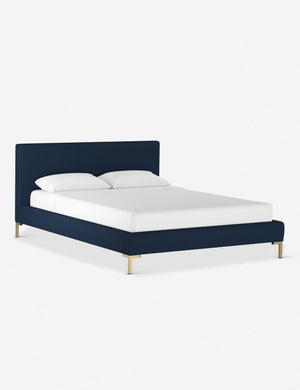 Angled view of the Deva Navy Linen platform bed