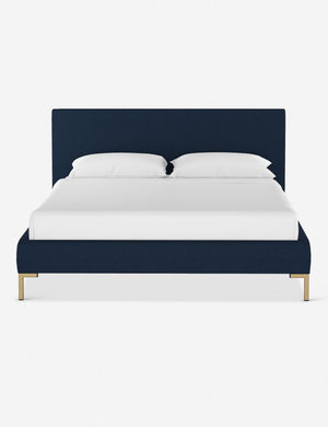 Deva Navy Linen platform bed with gold legs