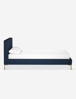 Side of the Deva Navy Linen platform bed