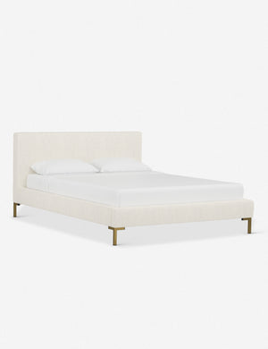 Angled view of the Deva Talc Linen platform bed