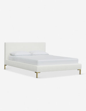 Angled view of the Deva White Boucle platform bed