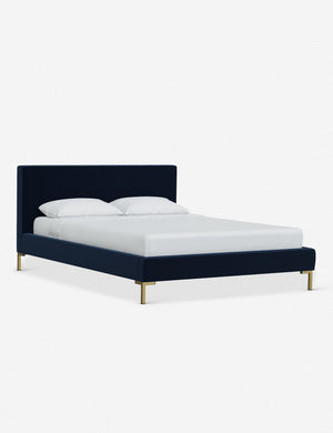 Angled view of the Deva Navy Velvet platform bed