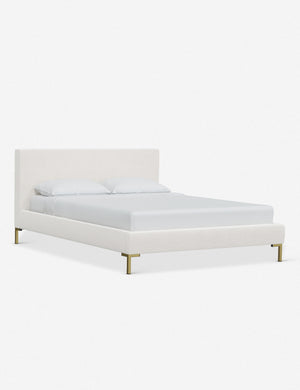 Angled view of the Deva Snow Velvet platform bed