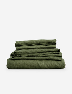 European Flax Linen forest green striped Sheet Set by Cultiver