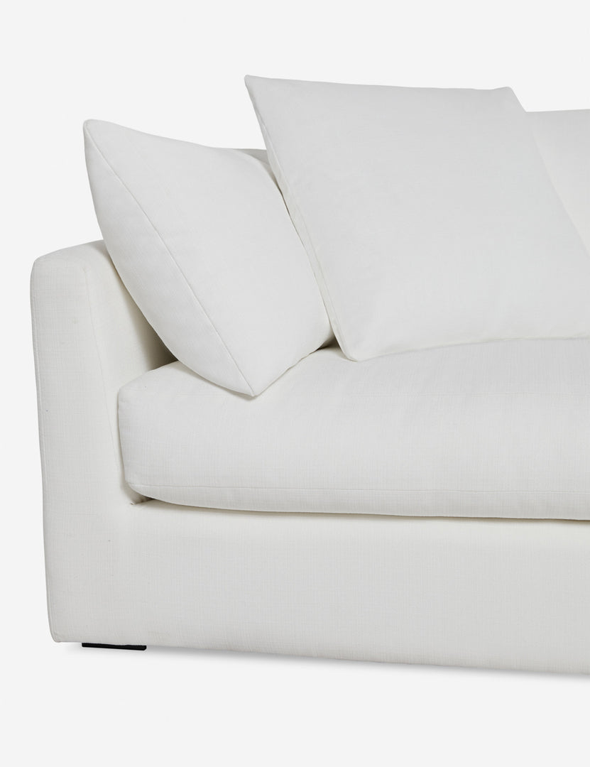 #color::white-performance-fabric #size::108-W #size::96-W #size::84-W #size::72-W | Close up of the Cashel White Performance Fabric Sofa