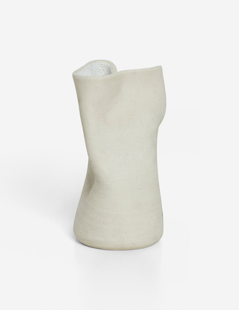 | Angled view of the Caverns white sculptural vase by Salamat Ceramics