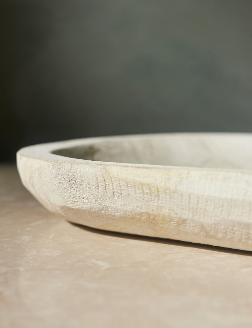 #color::light-natural | Close-up of the left side of the Clemente whitewashed paulownia wood bowl