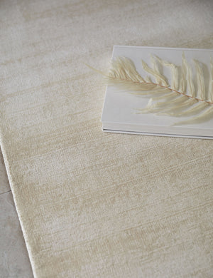 Bird's-eye view of the ivory dylan rug with a book and white leaf sitting atop it