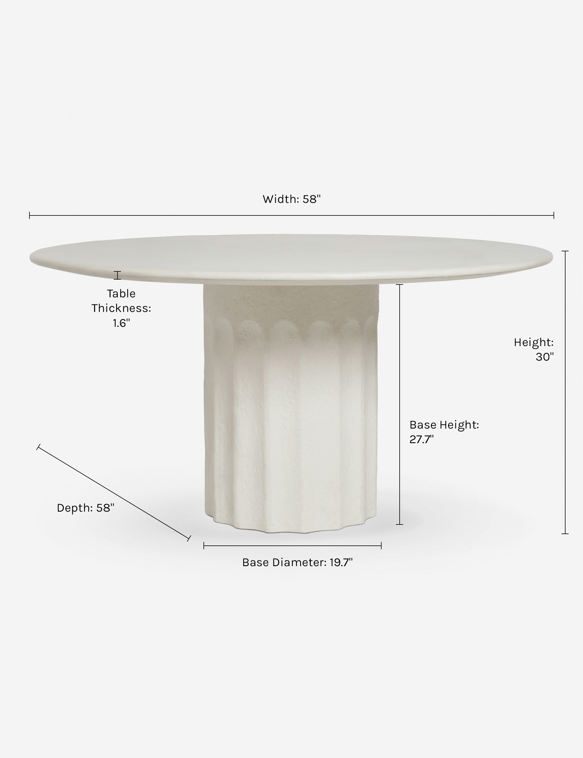Dimensions on the Doric white round dining table