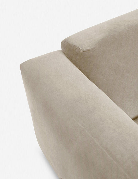 #color::Oatmeal | Where the arm and back-cushions of the Eleanor oatmeal beige Velvet sofa connect