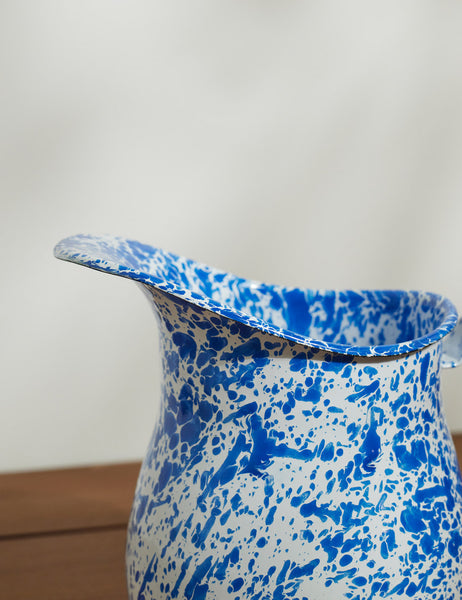 | Close-up of the spout on the Enamelware Splatter Large blue and white Pitcher by Crow Canyon
