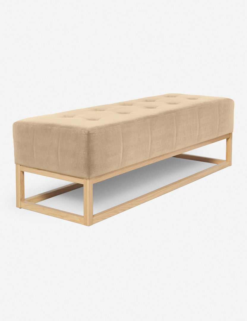 #color::brie-velvet | Angled view of the Grasmere brie velvet wooden bench