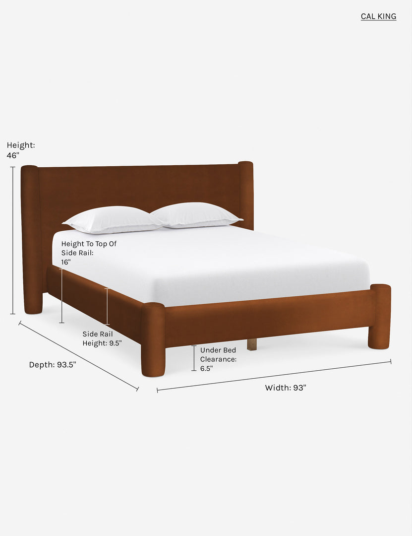 #color::cognac-velvet #size::cal-king | California king dimensions of the Cognac Velvet Hyvaa Bed by Sarah Sherman Samuel