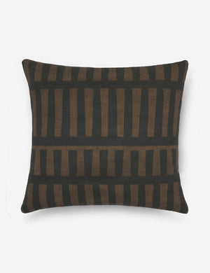 Kellan soft linen weave square throw pillow featuring a black geometric pattern on a bronze field