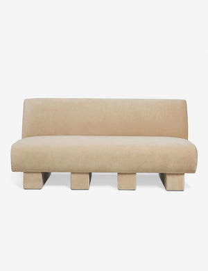 Lena armless upholstered brie beige velvet sofa with beam legs by Sarah Sherman Samuel