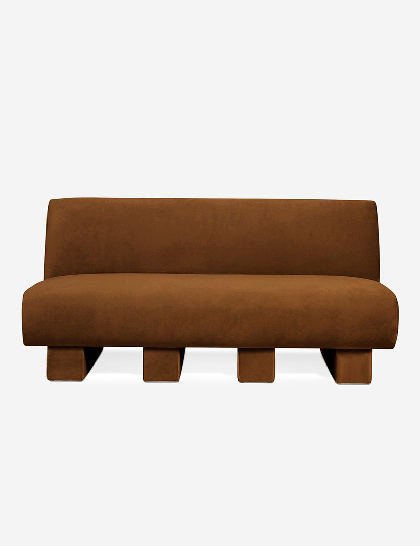 #color::Cognac-velvet #configuration::left-facing #configuration::right-facing #size::142-W #size::114-W | Centerpiece of the Lena cognac velvet sectional sofa with upholstered beam legs