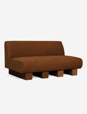 Angled view of the Lena Cognac Velvet armless sofa