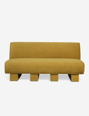 Lena Goldenrod Velvet armless upholstered sofa with beam legs by Sarah Sherman Samuel