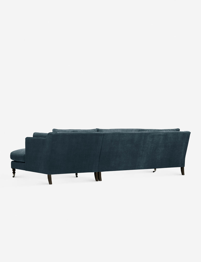 #color::blue-modern-velvet #configuration::right-facing #leg-finish::chocolate-and-pewter | Back of the Fabienne blue velvet sectional