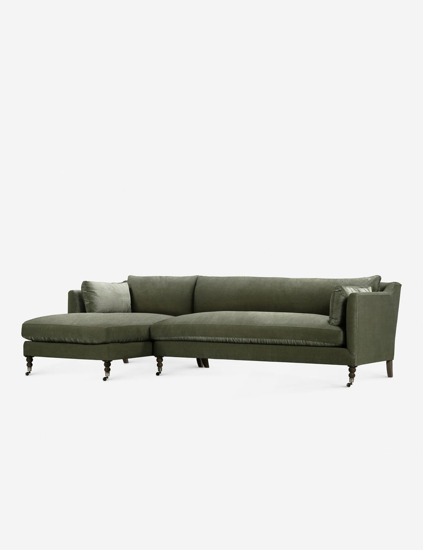 #color::moss-luxe-velvet #configuration::left-facing #leg-finish::chocolate-and-pewter | Fabienne left-facing moss velvet sectional with antique curved legs in the back with ornate turned legs in the front with wheels
