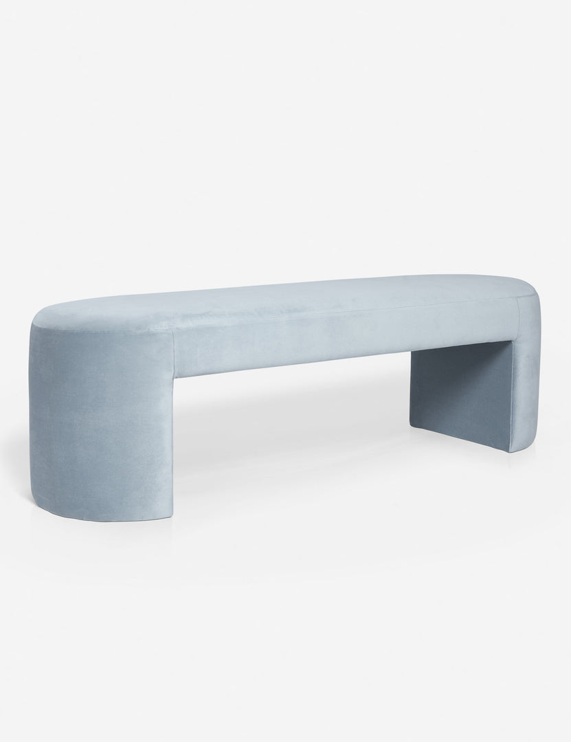#color::dove | Angled view of the Mikhail light blue velvet foam-padded bench.
