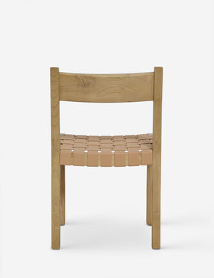 Rear view of the Vix light wood frame and woven leather seat dining chair.