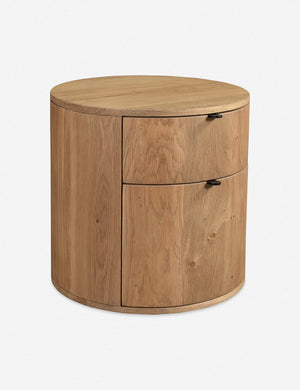 Angled view of the Kono 2-drawer round oak nightstand.