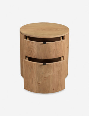 Kono 2-drawer round oak nightstand with both drawers slightly opened.