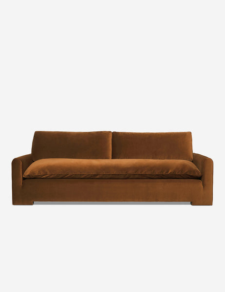 #color::Cognac-Velvet #size::103-W | Rupert cognac velvet sofa with an elevated frame and plush cushions by Sarah Sherman Samuel