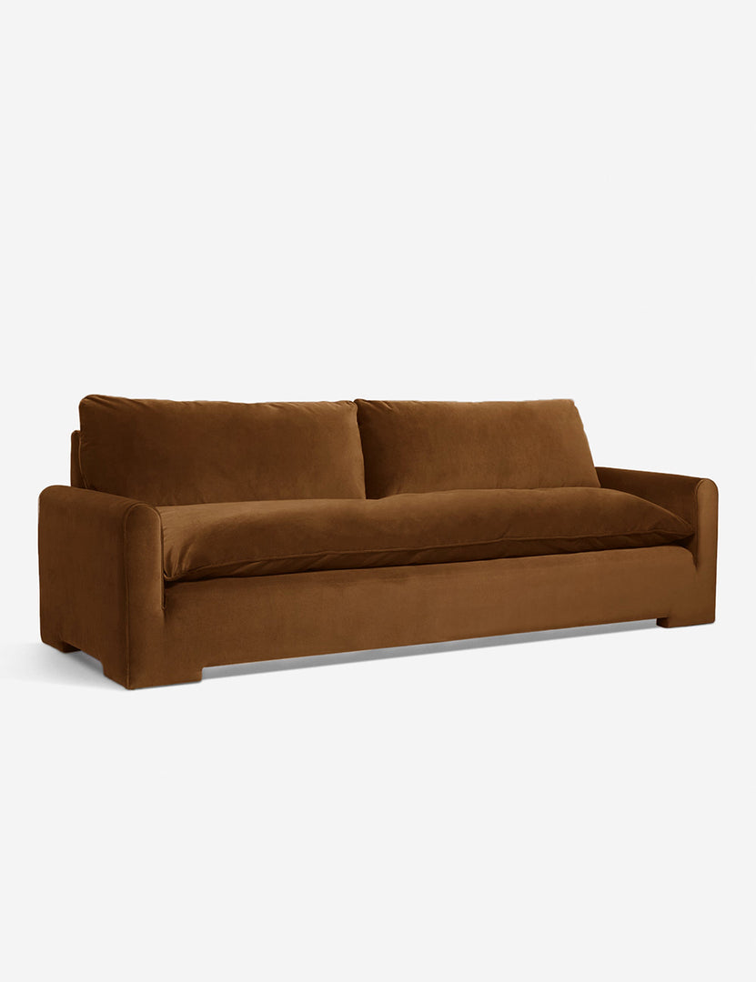 #color::Cognac-Velvet #size::103-W | Angled view of the Rupert cognac velvet sofa